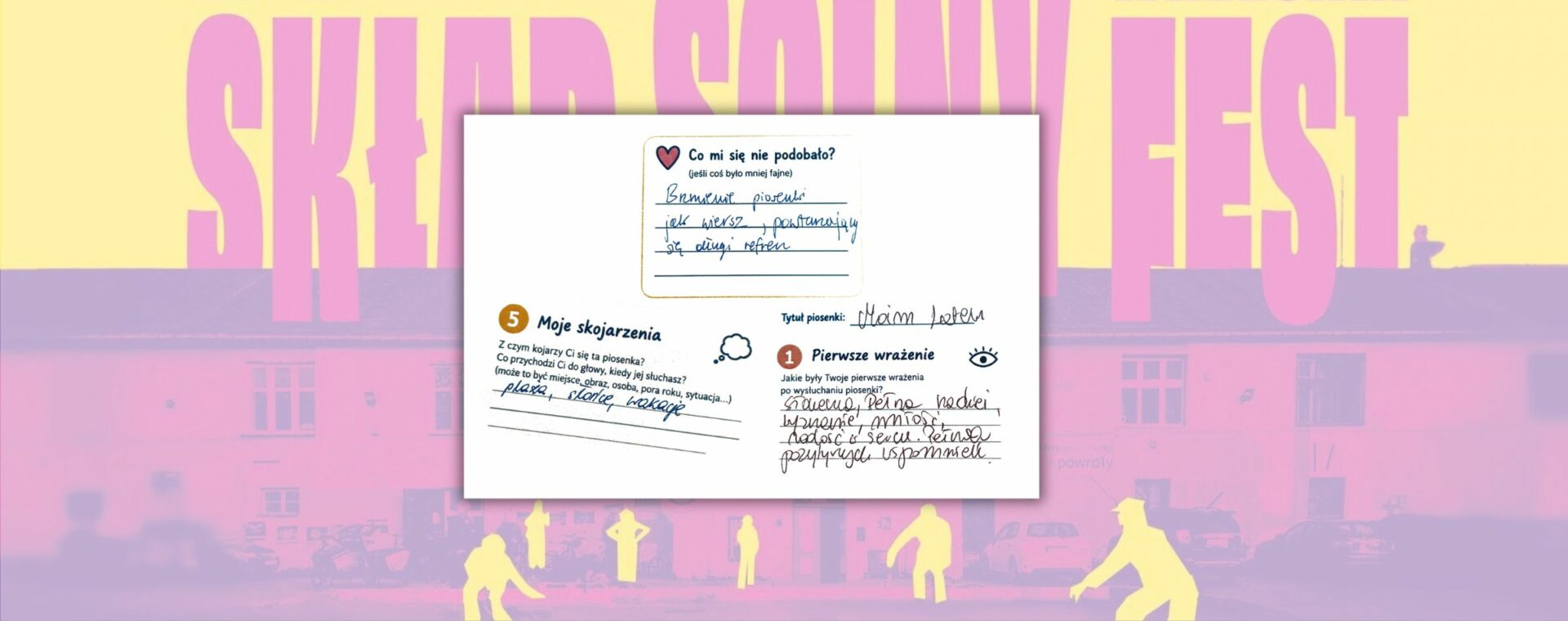 Fragmenty recenzji z warsztatów prowadzonych przez Kakofonia.art, na tle grafiki z napisem Skład Solny Fest