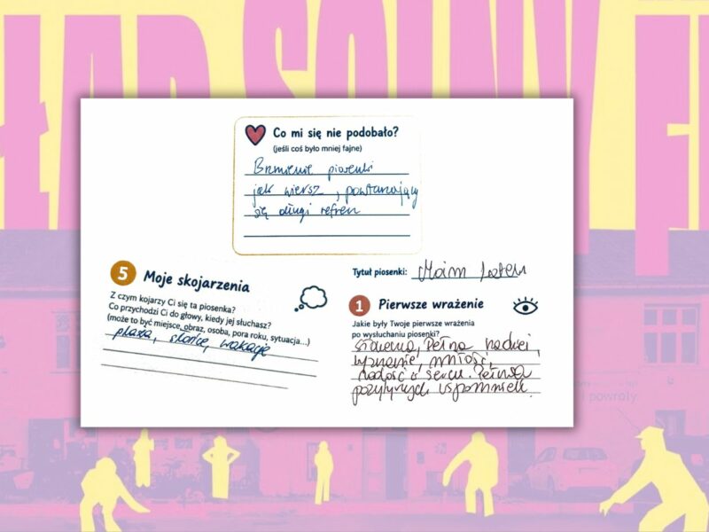 Fragmenty recenzji z warsztatów prowadzonych przez Kakofonia.art, na tle grafiki z napisem Skład Solny Fest